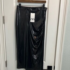 ZARA Black Patent-Look Draped Midi Skirt